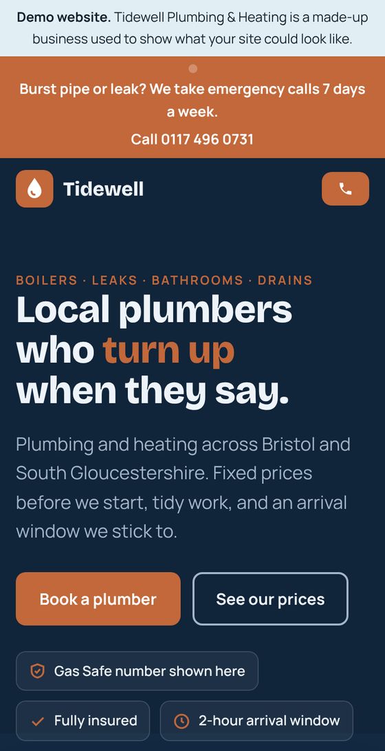 Plumbing example site on a phone